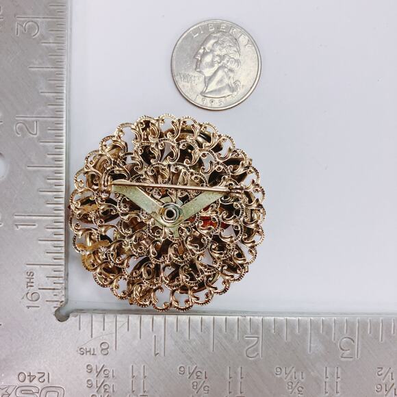 VTG 50s Mid Century Glass Floral Gold Tone Layered Rhinestone Brooch Red Orange - Picture 10 of 12